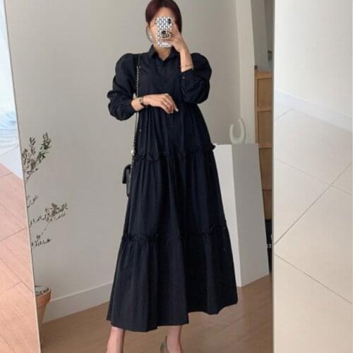 FairyNatural 2021 Ladies Simple Ruffles Dresses Spring Autumn Koraen Casual Solid Color Female Loose Puff Sleeve Dress