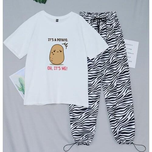 Kawaii Potato Oversized T Shirt Cotton Striped Pants Girl Harajuku Aesthetic Tops High Waist Joggers 90s Fashion Two-piece Suits