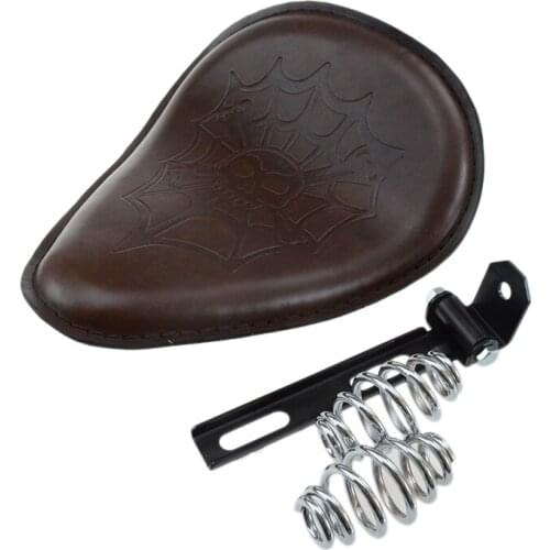 Brown Motor Skull Motorcycle Leather 3" Spring Bracket Solo Driver Seat For Harley Chopper Bobber Honda Suzuki Sportster XL883
