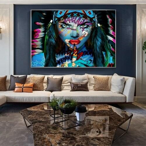 Colourful Feather Girl Canvas Painting Fashion Abstract Graffiti Art Posters and Prints Wall Picture for Living Room Home Decor