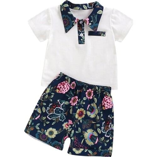 Summer Baby Girl Short Sleeve Printed Collar Blouse + Flower Shorts Casual Outfits Set 2021