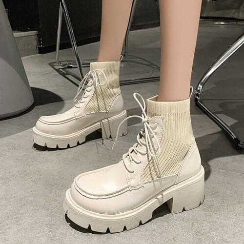 2021 Autumn Women Chunky Boots High Heels Ankle Boots Women Fashion Knit Elastic Sock Boots Woman Round Toe Thick Bottom Booties