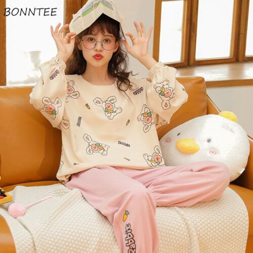 Pajama Sets Women Sweet Fall Spring Basic Soft Daily Girls 2 Piece Pijamas Korean Fashion Popular Female Sleepwear Lounge Wear