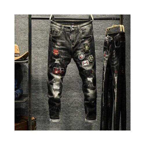 2021 New style personality ripped jeans male Korean style trendy fashion paint dot splash ink design slim print pants trouser