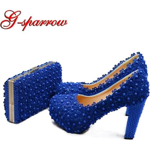 Blue Lace Bride Shoes Thick High Heel Wedding Dress Shoes with Matching Bag Cutomized Royal Birthday Ceremony Pumps with Purse