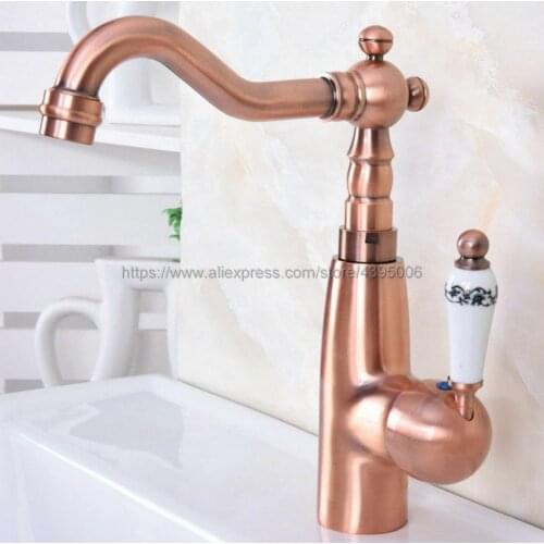 Antique Red Copper Basin Faucets Deck Mounted Single Handle Bathroom Basin Mixer Tap Hot & Cold Water Bnf629