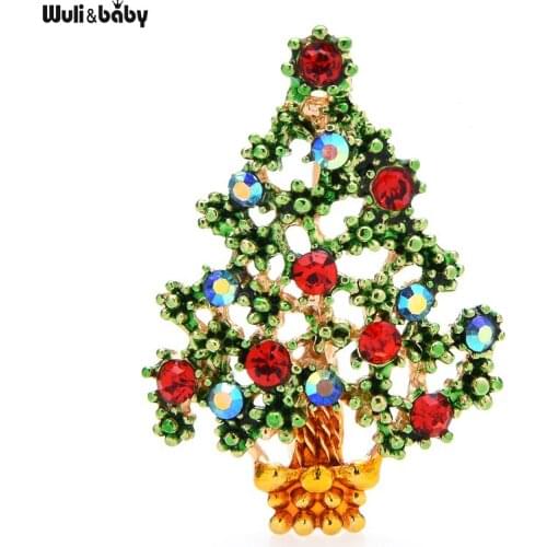 Wuli&baby Rhinestone Enamel Christmas Tree Brooches For Women Unisex Happy New Year Brooch Pin Gifts