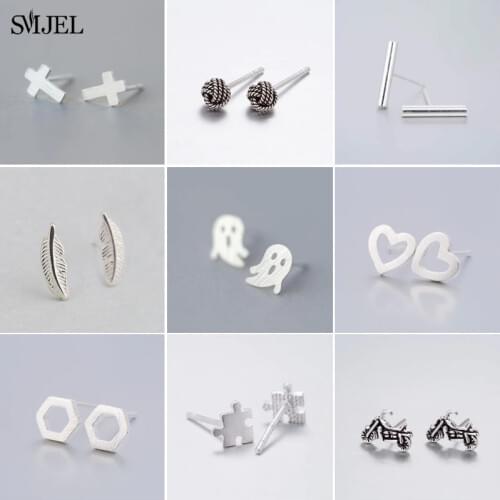 SMJEL Real 925 Sterling Silver Feather Earrings for Women Bar Heart Cross Knot Motorcycle Earrings Small Jewelry Gifts Men Child