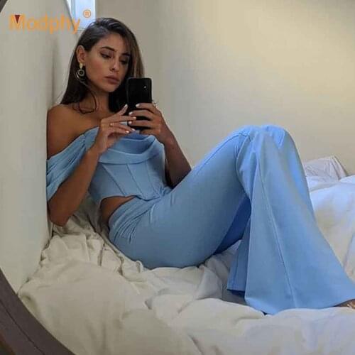 2020 Autumn New Sky Blue Bandage Women Set Top & Trousers 2 Two-Piece Set Sexy Fashion Club Celebrity Party Evening Pants Suit