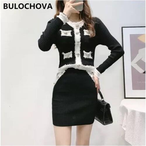 Womens Suits Clothes 2021 Autumn Ladies O Neck Knitted Buttons Cardigan Tassel Short Tops + High Waist Mini Skirt 2 Pieces Sets