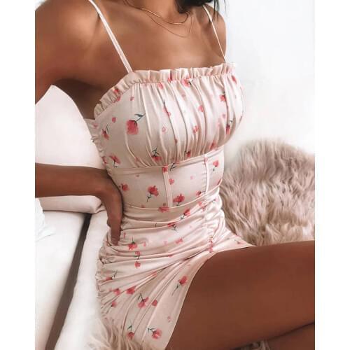 Floral Spaghetti Strap Ruffle Trim Dress Women Sleeveless Slim Bodycon Dresses Elegant Beach Dresses vestidos de fiesta