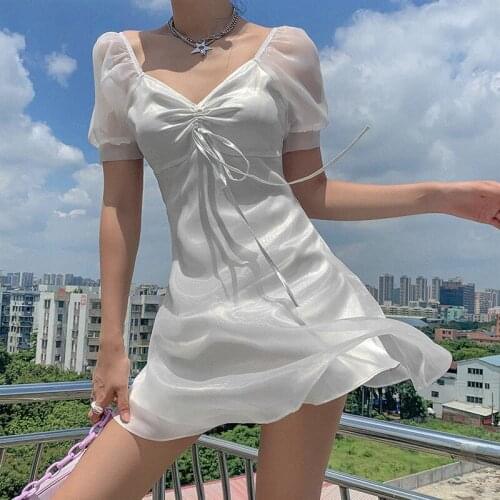 Ladies Mesh Puff Sleeve V-Neck Halter Slim One-Tower Dress Elegant Sexy Low-Cut Halter Lace-Up Mini Skirt Pure Color