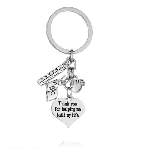12PC Thank You For Helping Me Build My Life Heart Keyrings Ruler ABC Book Apple Charm Pendant Keychains Graduation Gifts Jewelry