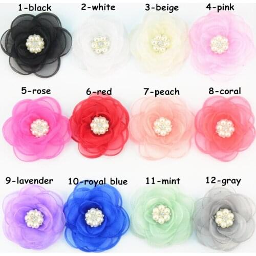 30 pcs/lot, 3.5 inch Sheer Organza Flower with Crystal Pearl, Burned Edges Fabric Flower for DIY headband hair accessories