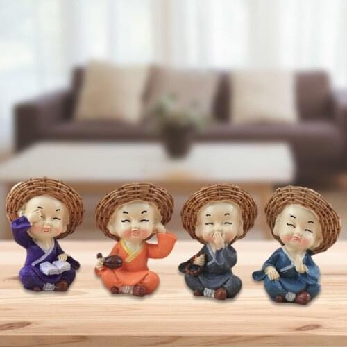 4Pcs Small Buddha Statue Monk Resin Figurine Crafts Home Decor Ornaments Miniatures Crafts Creative Sculpture for Car Display