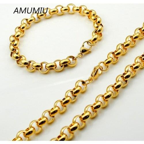 AMUMIU African Gold Color Chain Link For Mens Womens Jewelry Beads Stainless Steel 1 Necklace 1 Bracelet Set KTZ088