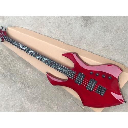 Red body 4 strings Electric Bass Guitar with Colorful Pearl Snake Pattern,Black hardware,HH pickups,Rosewood fingerboard