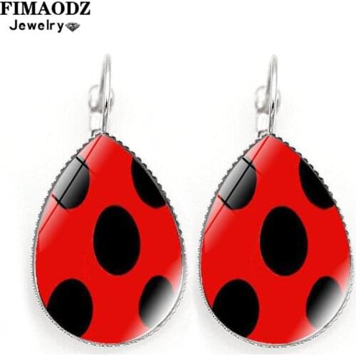 FIMAODZ New Arrival Ladybugs Insects Earrings Cartoon Cute Ladybird Black Spot Photo Glass Earrings for Kids Girls Party Jewelry