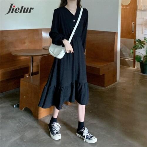 Jielur Spring Korean Dresses Women S-XL Elegant Thin Pleated Black White Dress Long-sleeved New Fashion Lady Vestidos Harajuku