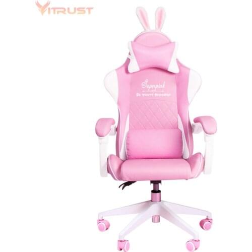 Pink Gaming Chair PU Leather High Back Ergonomic Racing Office Desk Computer Chairs with Lumbar Support Rabbit Ears