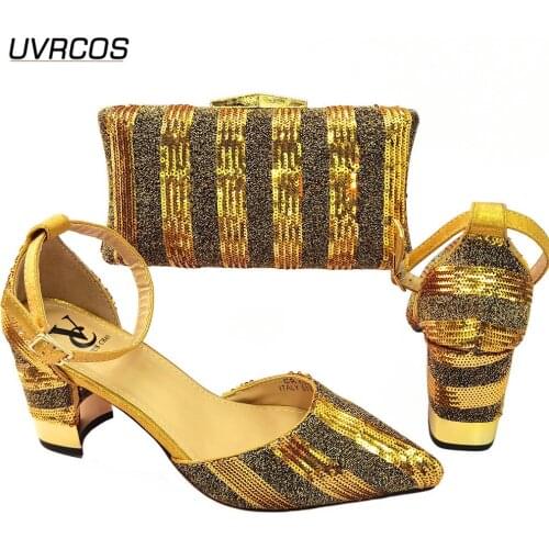 Hot Selling Ladies Italian design Shoes and Bag Set in Gold Color Women Shoes and Matching Bags Party Super high heel