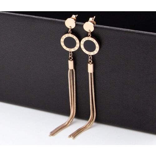 Fashion jewelry steel ball earrings hanging black Roman numeral round cake snake bone chain tassel women earrings gift E026