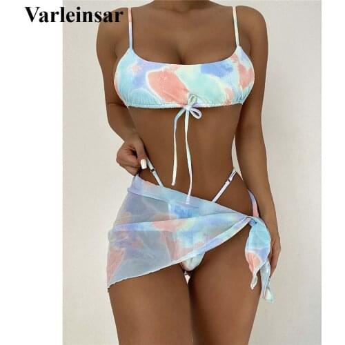 New Sexy Tie Dye Thong Bikini Female Swimsuit Women Swimwear Three-pieces Bikini set With Sarong Bather Bathing Suit Swim V2914
