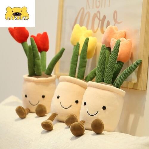 Simulation tulip flower Lifelike Tulip Plants Plush Stuffed Toys Soft Bookshelf Decor Doll Potted Flowers Pillow for Girls Gift
