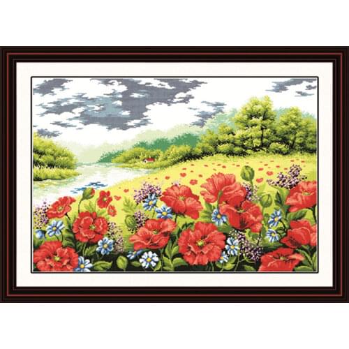 Poppy garden cross stitch kit lanscape garden 14ct 11ct count printed canvas stitching embroidery DIY handmade needlework