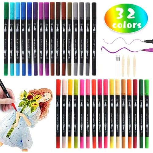 32 Color Profession Art Marker Pens Brush Dual Tip Set0.4mm Colored Watercolor Brush Pen Fineliner Point Drawing Manga