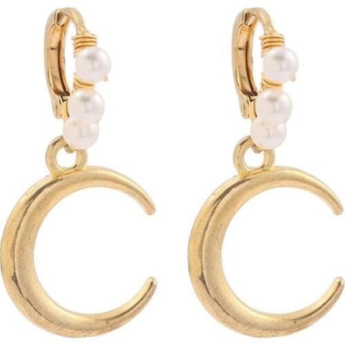 ALLNEWME INS Chic Gold Color Moon Hoop Earrings Metal Alloy Crescent Simulated Pearl Beads Hanging Earring Personality Jewelry