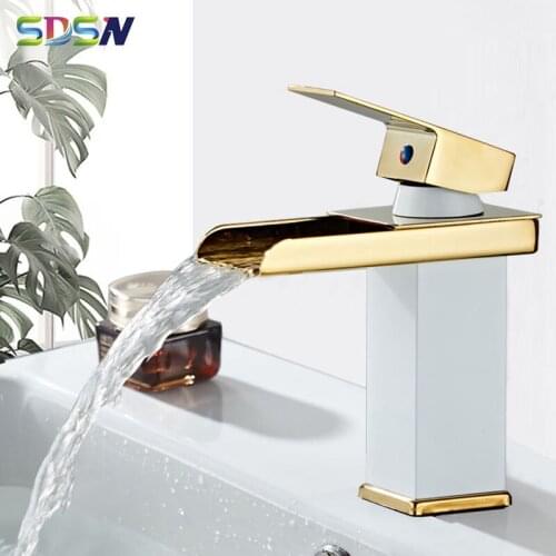 White Gold Waterfall Basin Faucets SDSN Quality Brass Square Basin Sink Faucets Deck Mounted Hot Cold Square Waterfall Mixer Tap