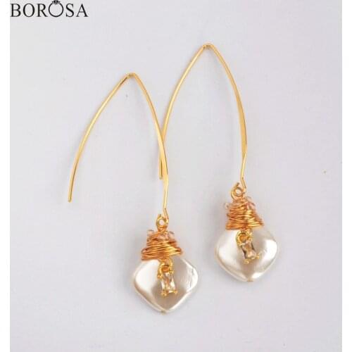 BOROSA Baroque Natural Pearl Dangle Earring Micro CZ Earring Gold Wire Wrapped Pearl Drop Earring Jewelry for Women WX1273-E