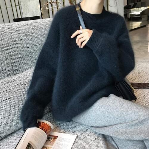 Women Autumn Winter Mink Cashmere Black Loose Sweater Full Sleeve Round Collar Thick Knitted Pullovers Jumpers