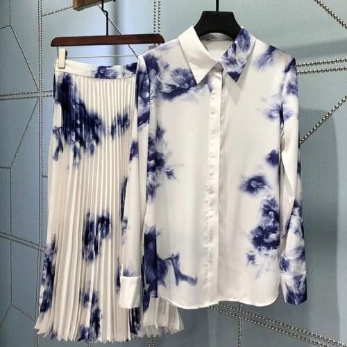 Autumn Sets Women Vintage Tie Dye Print Women Blouse Shirt and Pleated Skirt Gradient Color Skirt Two Pieces Set