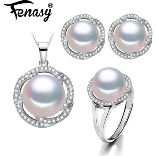 FENASY 925 Sterling Silver natural pearl jewelry sets for women stud earrings bohemian trendy flower pendant necklace ring set