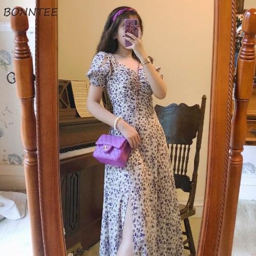 Short Puff Sleeve Women Fairy Ankle Length Female Square Collar French Retro Sweet Purple Sexy Vestido Floral Summer Vacation