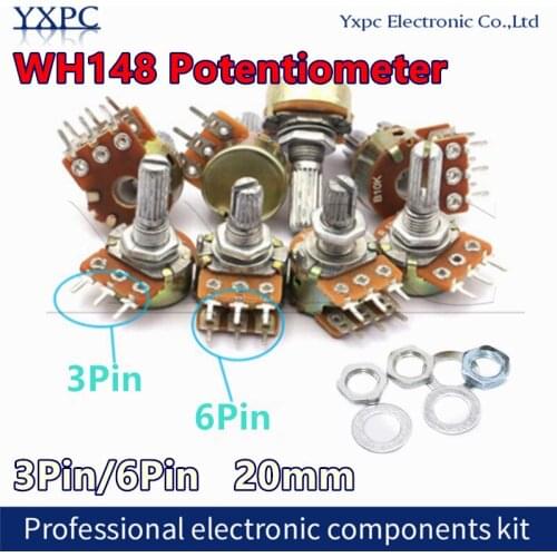 100pcs 20mm WH148 3pin 6pin B1K B2K B5K B10K B20K B50K B100K B250K B500K 1M Potentiometer 1K 2K 5K 10K 20K 50K 100K 250K 500K 1M