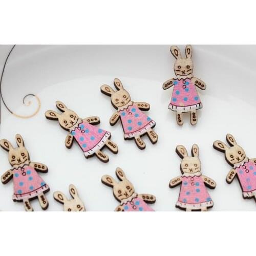 250pcs Rabbit Pendant in Dress Wood Bunny Nursery Rhyme cabochon 32mm mix color