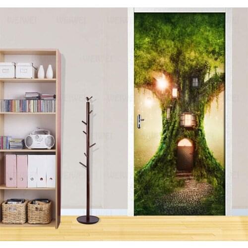 3D Door Sticker Quiet Secluded Tree Hole Photo Wall Mural PVC Self-adhesive Decals Wall Paper For Living Room Home Decor Poster
