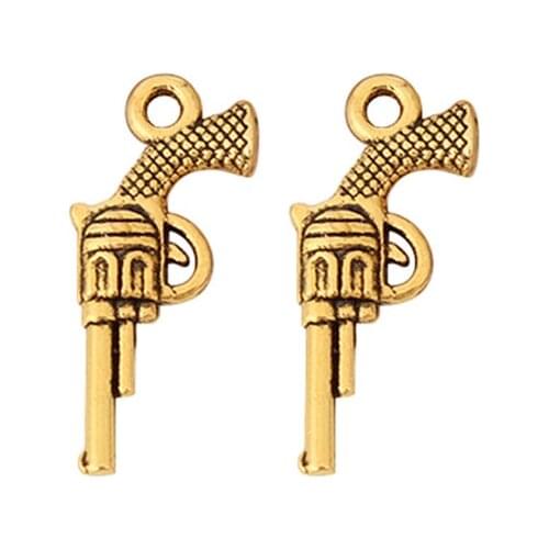 50 Pieces Antique Gold Revolver Hand Gun Pistol 3D Charms Pendants Beads 2 Sided for Jewellery Making Findings 20x10mm