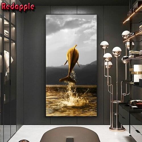 Large Golden Dolphin Animal Picture 5D Diamond Painting DIY Round Full Diamond Embroidery Kit Landscape Home Decoration Crafts
