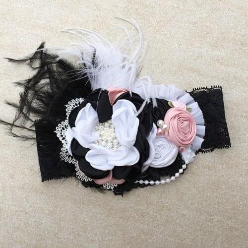 Free Shipping Black Whtie Pink Dupioni Silk Flower Girl Headband Kids Hair Accessories Photo Prop
