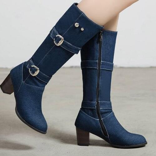 Boots Womens Long Tube Short Boot Winter High Heel Denim Boot Lady Stylish Boots Buckle Strap Shoes Cowboy Boots for Women