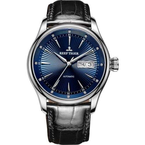 Reef Tiger Luxury Brand Men Watch, Mens Automatic Watch Waterproof Self Wind Mechanical Wristwatch Sapphire Mirror Dual Calendar