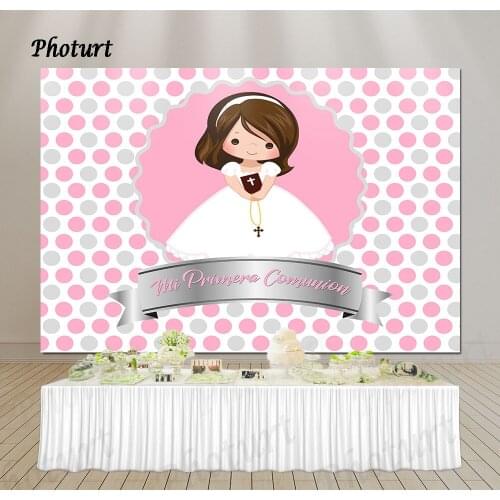 PHOTURT Pink Dots Backdrop Girl Birthday Party Background First Communion Baptism Mi Bautizo Vinyl Polyester Photography Banner