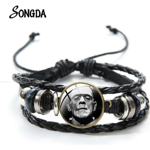 Frankenstein Movie Bracelet Traditional Frankenstein and His Bride Photo Series Glass Gem Leather Bracelets Couple Bangle