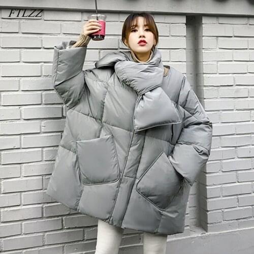 FTLZZ Winter With Scarf Jacket Women Duck Down Coat Loose Warm Parkas Female Medium Long Down Overcoat