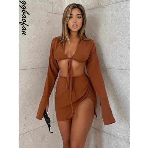 Ggbaofan 2021 Brown Sexy Tie Front Top And Skirt Sets Women Fashion Outfits Autumn Matching Set Split Skirt Club Party Clothes