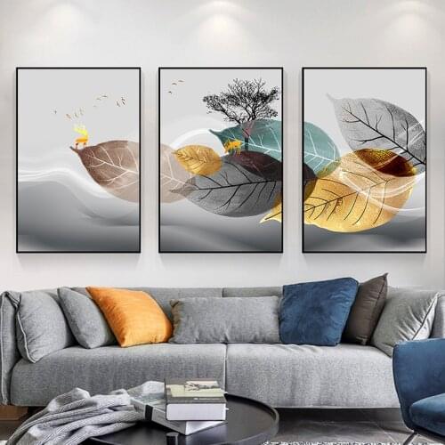 Abstract Greay Gold Blue Leaves Canvas Painting Nordic Luxury Wall Art Posters and Prints Pictures for Living Rome Home Decor